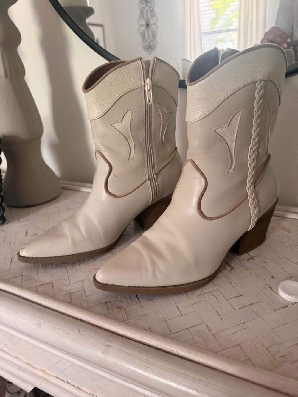 Mossimo Supply Co. Cream Western Ankle Boots with Braided Detail